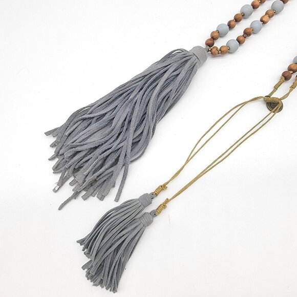 Mare Sole Amore Signed‎ Mixed Material Blue Gray Beaded Tassel Necklace Boho - Picture 3 of 6
